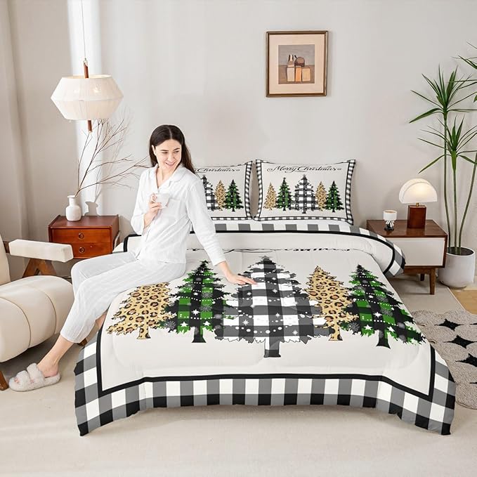 Merry Christmas Kids Comforter Set Full Size,Leopard Plaids Pines Trees Bedding,Girls Boys Adults Bedroom/Xmas Cabin Decor,Geometric Grids Retro Down Comforter,Rustic Duvet Insert,2 Pillowcases