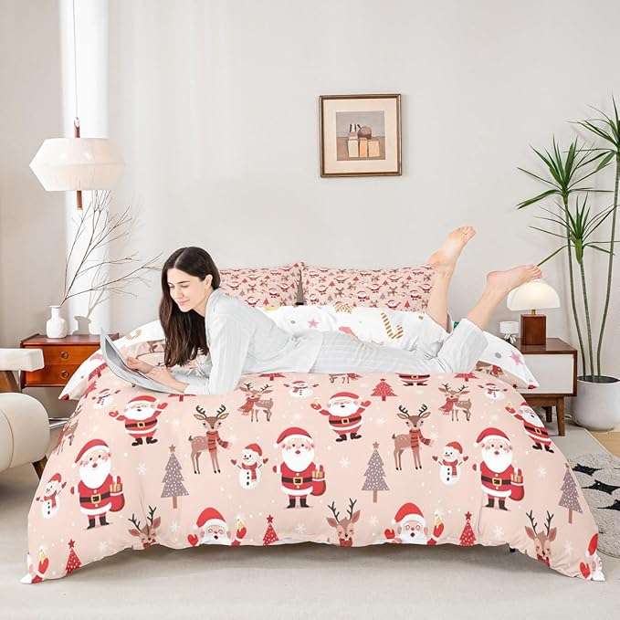 Christmas Kids Bedding Set Santa Claus Bedding Duvet Cover Set for Boys Girls Christmas Tree Deer Decor Comforter Cover Set Snowflake Xmas Theme Bedspread Cover Bedroom Quilt Cover 3Pcs Full Size