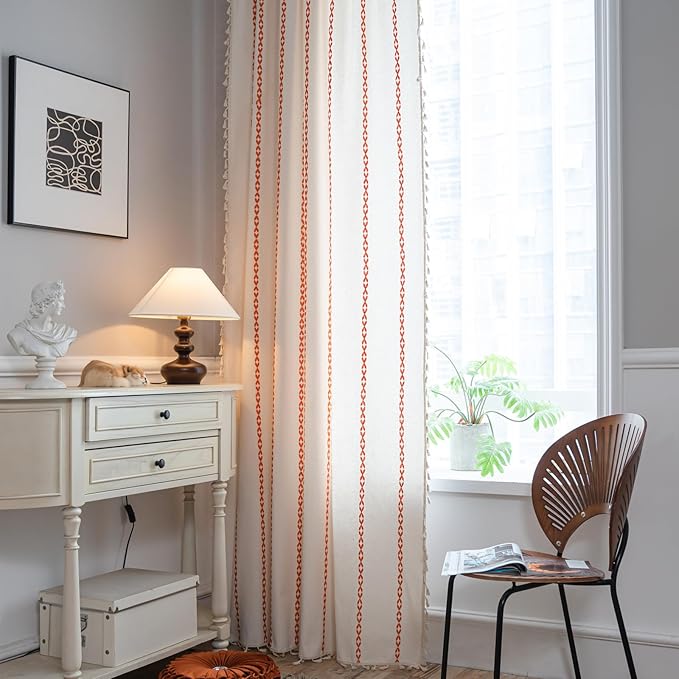 Deeprove Rust Orange Boho Curtains 72 inches Length for Living Room Bedroom Nursery, Vintage Chic Bohemian 72 inches Long Embroidery Farmhouse Tassel Privacy Window Treatments W52 x L72, 1 Panel
