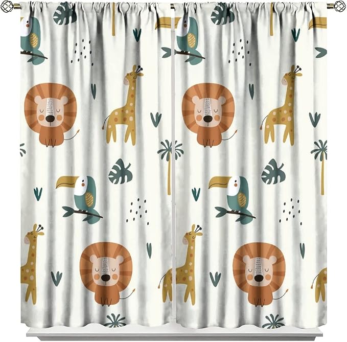 Cute Lion Window Curtains for Kids Bedroom,Cartoon Woodland Jungle Forest Wildlife Little Lion Giraffe Owl Palm Tree Printed Pattern Blackout Drapes for Living Room Baby Nursery Room 84x84in