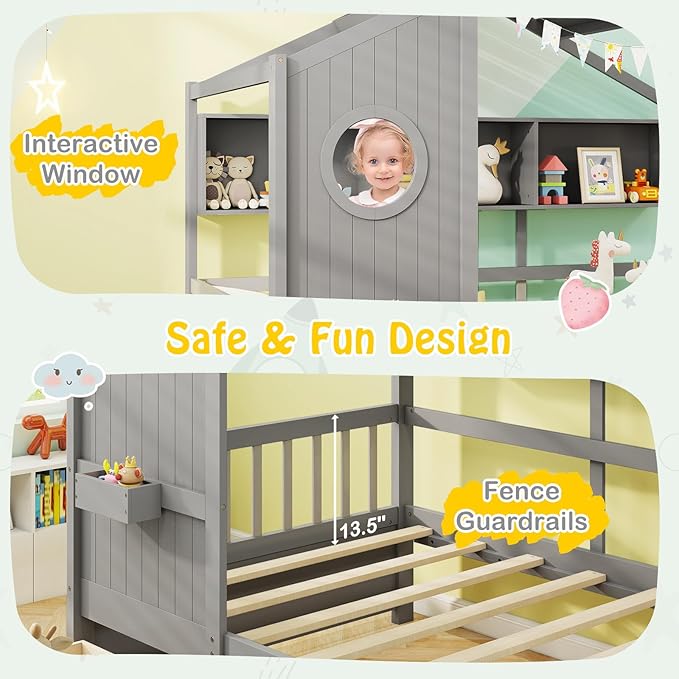 KOMFOTT Twin Size Wood House Bed with 2 Drawers, Wooden Bed Frame with Cube Storage & Fence Rails, Wooden Platform Twin Bed Frame with House-Shaped Roof for Bedroom, No Box Spring Needed (Grey)