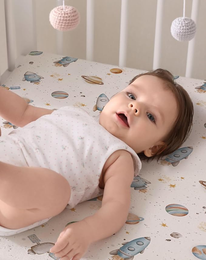 Pack and Play Sheets 2 Pack, Fitted Jersey Knit Mini Crib Sheets for Baby Boys and Girls, Compatible with Graco Pack N Play and Mini Crib Mattress (Stellar Adventure, Pack N Play/Mini Crib Sheets)
