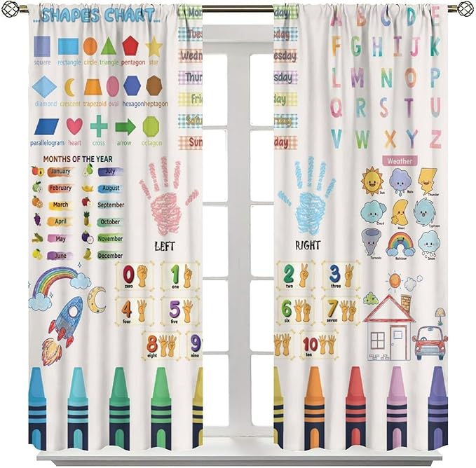 Kids Educational Alphabet Curtain,Boho Watercolor Alphabet Pastel Numbers Shapes Colors for Girls Child Nursery Home Kids Printed Rod Pocket Blackout Window Drapes for Bedroom Living Room 72"W X 63"L