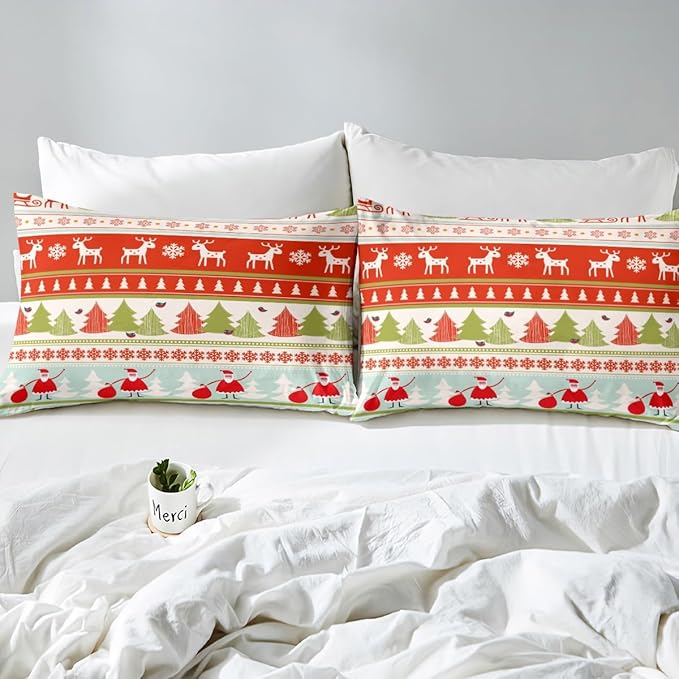 Manfei Xmas Duvet Cover Set King Size, Deer Snowflake Trees Santa Claus Comforter Cover with 2 Pillowcases, Christmas Theme Bedding Set 3pcs for Kids Boy Girls New Year Bedspread Cover,No Comforter