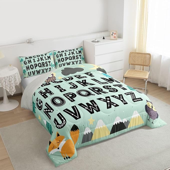 Feelyou Alphabet Kids ABC Learning Comforter Set All Season Cute Fox Bedding Set with 2 Pillow Cases Educational Nursery Art Kids Queen Bedclothes Woodland Animals Bedroom Decor Duvet Quilt