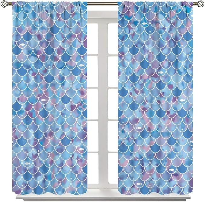 Mermaid Blackout Curtains, Kids Cartoon Blue and Pink Ocean Mermaid Scale Pattern Decoration for Girls Bedroom Nursery Curtains 72x63 Inch