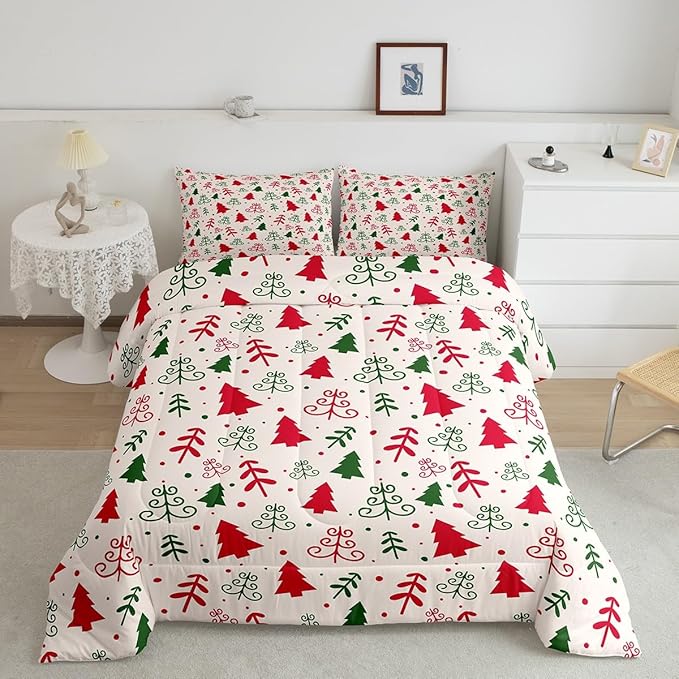 Castle Fairy Christmas Trees Full Size Comforter Set,Red Green Pine Plant Hand Sketch Bedding Comforters Bedroom Collection,Winter Xmas Natural Botanical Bedding Set for Girls Teens