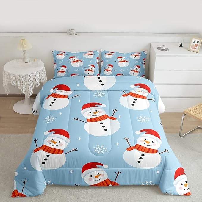 Feelyou Merry Christmas Bedding Set Soft for Boys Girls, Snowman Comforter Set Toddler Size Snowflake Duvet Quilt Microfiber Bedroom Decor 2 Pcs with 1 Pillow Cases