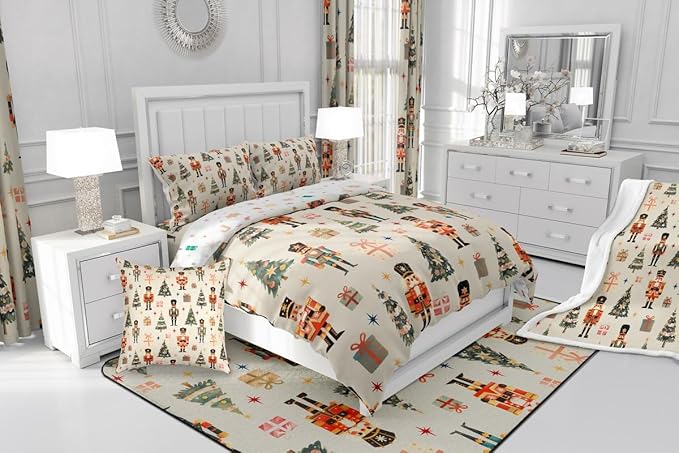 jejeloiu Xmas Nutcracker Comforter Set Toddler Size Christmas Beige Bedding Set for Kids Boys Girls Cute Snowflakes Duvet Quilt Bedroom Decor