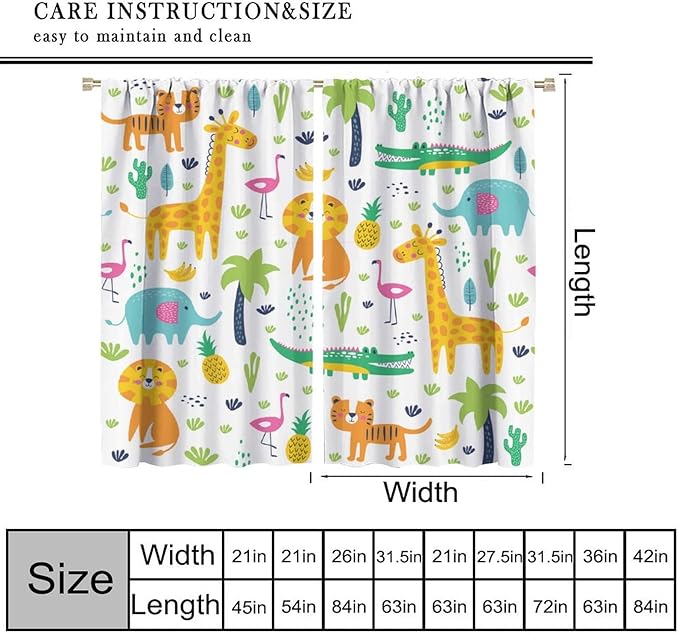 Kids Animals Blackout Curtains Cartoon Cute Abstract Fun Tropical Animals Art Printed for Children Girls Boys Bedroom Nursery Rod Pocket Decoration Window Drapes 2 Panels W42xL84in