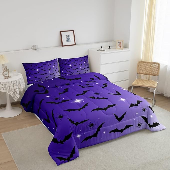 Erosebridal Bat Comforter Set King Size for Kids Galaxy Glitter Bedding Set with 2 Pillow Cases Happy Halloween Quilt Gothic Spooky Down Comforter Purple and Black