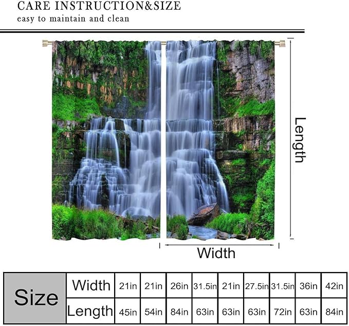 Nature Scenery Waterfall Blackout Curtains, Forest Waterfall Landscape Green Jungle Stone Falls Print Pattern Rod Pocket Window Drapes, for Bedroom Living Room 55" W X 63" L