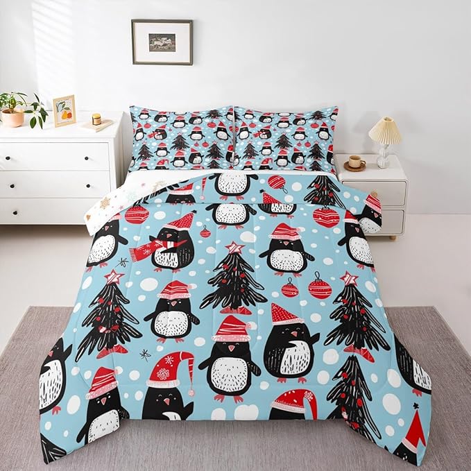 Feelyou Christmas Comforter Set All Season Penguin Bedding Set with 1 Pillow Cases Xmas Tree Microfiber Kids Toddler Bedclothes Christmas Balls Bedroom Decor Duvet Quilt Breathable Soft Lightweight