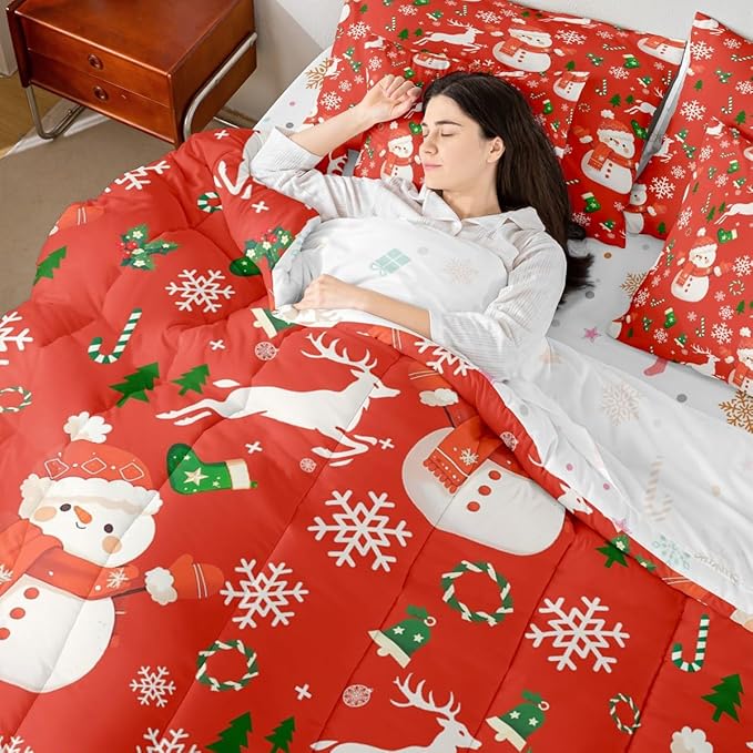 Red Christmas Comforter Set With Sheets 7 Piece Queen Size Cartoon Deer Snowman Bed in a Bag Kids Boys Girls New Year Red Bedding Set Reversible Xmas Decor Bedroom Decor Breathable Soft Lightweight