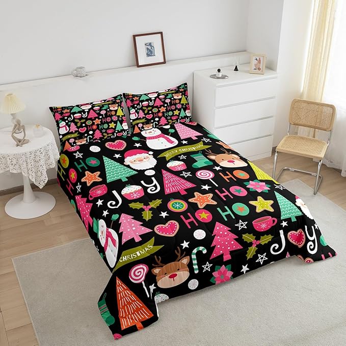 Merry Christmas Kids Comforter Set Queen Size,Cartoon Santa Claus Snowman Xmas Bedding Set,Boys Girls Adults Room Decor,Christmas Trees Deer Cute Down Comforter,Colorful Duvet Insert,2 Pillowcases