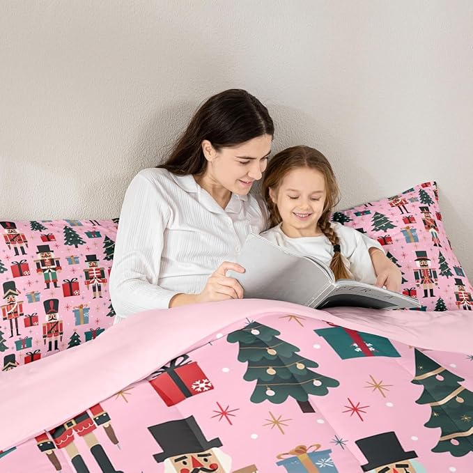 Feelyou Nutcracker Comforter Set All Season Merry Christmas Tree Bedding Set with 2 Pillow Cases Snowflake Kids King Bedclothes Soldier Print Decor Duvet Quilt Soft Lightweight
