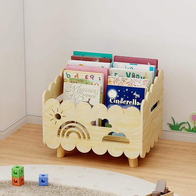 Wood Kids Bookshelf, Montessori Bookshelf, With 2 Adjustable Dividers, Suitable Kids Rooms, Nursery & Classroom, Kids Bookshelf And Toy Storage, Toddler Book Rack, Nursery Book Shelves, Kids Bookcase
