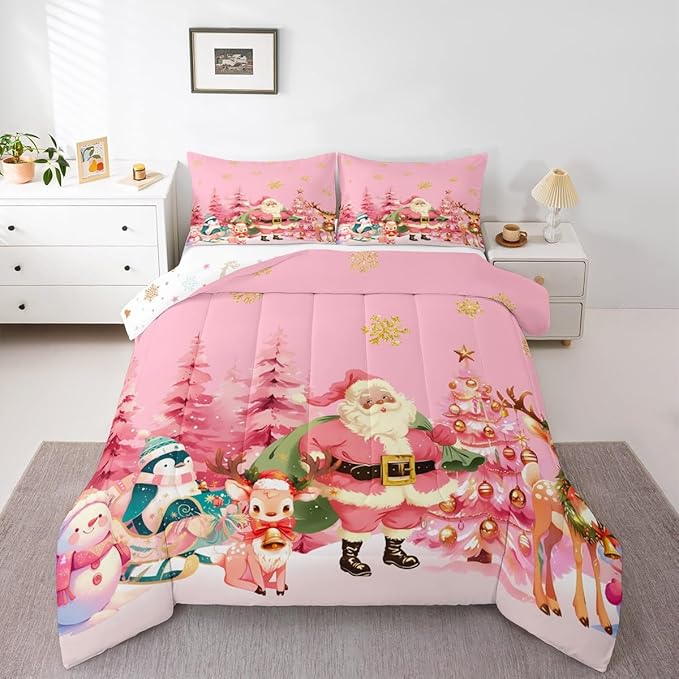 jejeloiu Merry Christmas Comforter Set Queen Size Santa Claus Bedding Set for Kids Boys Girls Cute Deer Duvet Quilt Pink Bedroom Decor