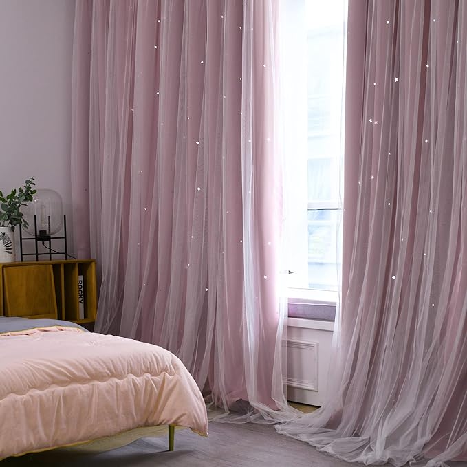 Kinryb Princess Curtains for Girls Bedroom with Sheer Overlay,Double Layer Curtain for Living Room with Star Cutout, Curtains for Kids Room (70 W*95 L Inches,2 Pcs Pink)