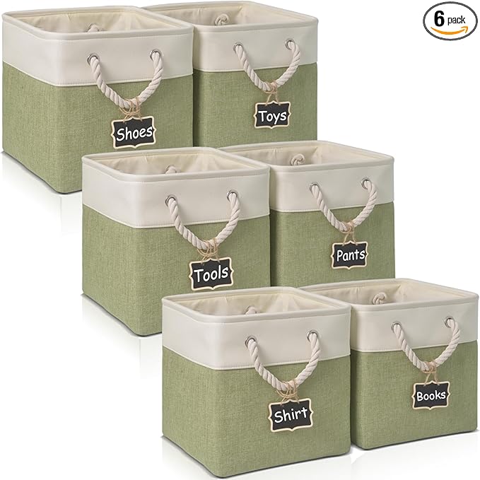 13 x 13 storage cubes[6 Pack],Cube Storage Organizer Bins with Rope Handles, Eco-Friendly Linen Collapsible Organizers for Closet, Nursery, Toys, Office, Bathroom – Dual Color Design.(White&Green)