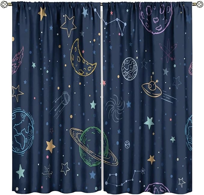 Navy Blue Space Curtains, Cartoon Outer Space Stars Planets Theme Galaxy Curtains for Kids Teens Bedroom Nursery Toddlers Room 84" W X 84" L