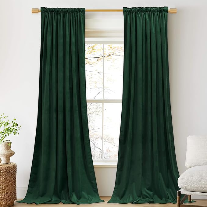 StangH Dark Green Velvet Curtains 2 Panels - 90 inches Skin Friendly Thermal Insulated Soft Velvet Fabric for Bedroom/Living Room/Dining Room/Rustic Decor, W52 x L90