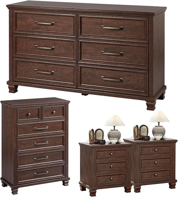 Farmhouse Bedroom Dresser and Nightstand Set of 4, 6 Drawer Tall & Low Dresser & 3 Drawer Nightstand Set with Wooden Legs, Rustic Wood Furniture Sets for Bedroom, Hallway, Walnut