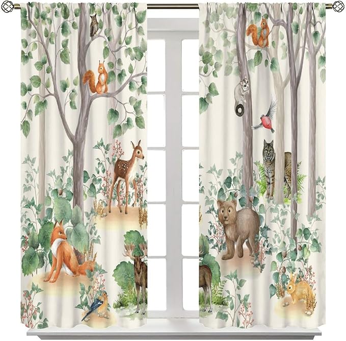 Woodland Animal Curtains, Cartoon Wild Rustic Forest Animals Pattern Blackout Window Treatments, Rod Pocket Thermal Insulated Drapes 2 Panel Sets for Kids Bedroom Nursery Classroom, 72" W X 63" L