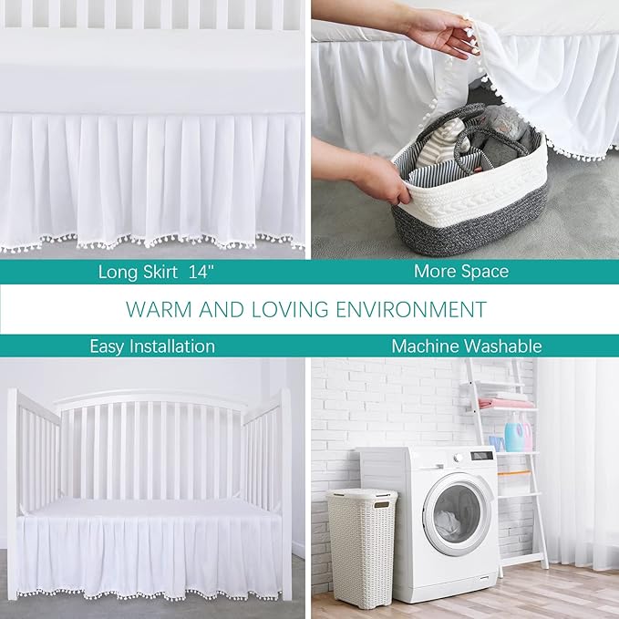 Crib Bed Skirt White for Girls Boys Pleated with Tassel Pompoms Dust Ruffled 14" Drop, Fit All Standard Crib Toddler Bed Skin-Friendly & Soft Machine Washable Nursery Bedding Skirts