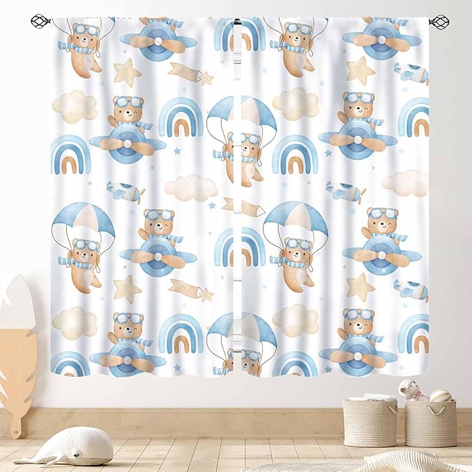 Cartoon Bear Curtains, Kids Boys Girls Cute Lovely Bear Adventure Airplane Cloud Pastel Blue Window Drapery Treatments for Baby Living Room Bedroom Nursey Toddler Classroom 2 Panels, 63"x63" Inch