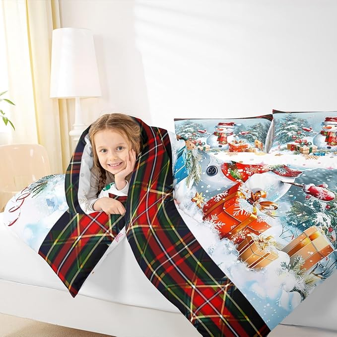 Castle Fairy Xmas Cute Snowman Full Size Comforter Set,Merry Christmas Pine Trees Decor Bedding Comforters Bedroom Collection,Vintage Red Green Checkered Plaid Bedding Set for Girls Teens