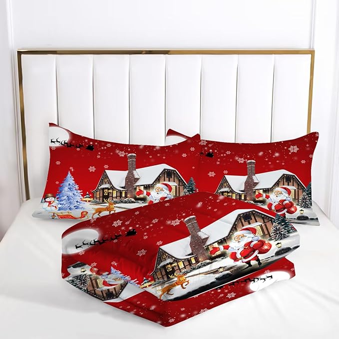 kxry Merry Christmas Bedding Set Santa Claus Deer Christmas Tree Snowman Comforter Quilt Full Size for Girls Boys Kids 1 Comforter + 2 Pillow Cases