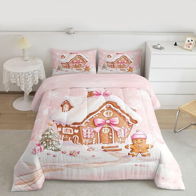 Feelyou Gingerbread House Kids Comforter Set King Size Gingerbread Man Bedding Set Christmas Tree Duvet Quilt for Kids Boys Girls Bedroom Pink Bow Decor Snowflake Microfiber Ultra Soft Breathable