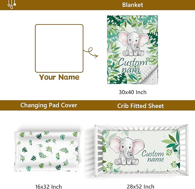 Custom Name Crib Bedding Set, 3 Pcs Personalized Baby Crib Bedding Set, Soft Green Elephant Nursery Crib Sets for Boys Girls, Double Layer Toddler Bedding Set Customized Gifts for Newborn Kids