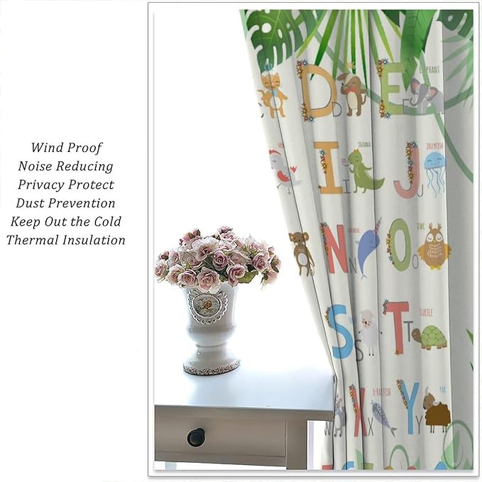 Kids Animal Alphabet Curtain Tropical Plant Alphabet Educational Printed Rod Pocket Blackout Window Drapes for Bedroom Living Room Nursery School 63" W X 72" L