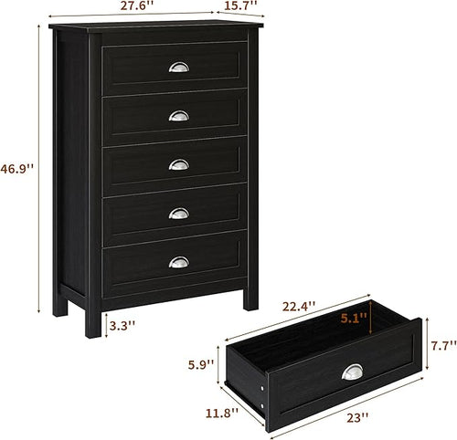 5 Drawer Dresser, Farmhouse Tall Dresser for Bedroom, Antique Black Chest of Drawers, Modern Dressers for Bedroom, Closet