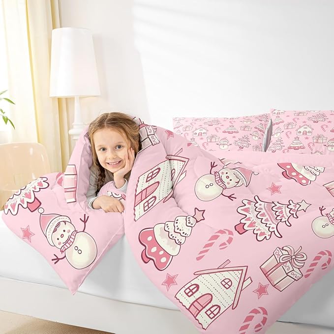 Feelyou Pink Christmas Comforter Set Queen Size Xmas Tree Snowman Bedding Set for Kids Boys Girls Star Gift Duvet Quilt Candy Cane Bedroom Decor Microfiber 3 Pcs with 2 Pillow Cases