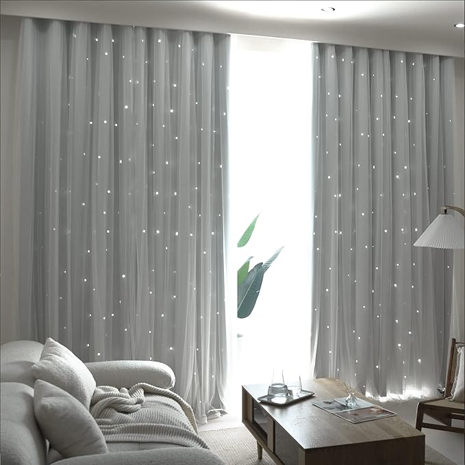 Kinryb Kids Star Cutout Curtains for Bedroom/Living Room/Classroom,2 Free Tiebacks Sheer Overlay 2 Panel Set, Double Layer Curtains for Kids Room(Each Piece W70xL84 Inches 2 Pcs Greyish White)