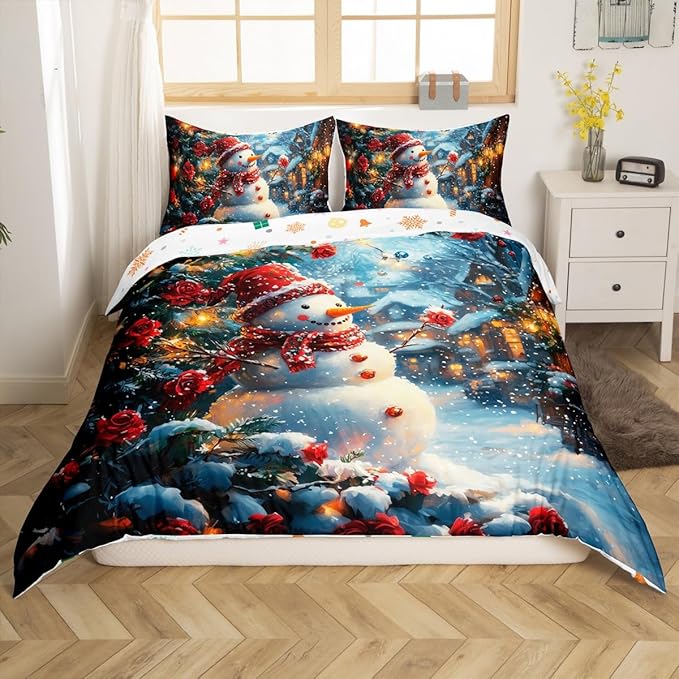 Manfei Christmas Kids Duvet Cover Set Twin Size, Cute Snowman Red Flower Bedding Set for Boys Girls Adults, New Year Winter Comforter Cover, Soft Polyester Quilt Cover, 1 Pillowcase, No Comforter