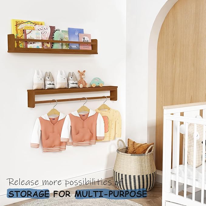 36 Inch Wall Bookshelf for Kids Room, Large Floating Nursery Book Shelves for Baby Girls Boys Toddlers (36", Walnut)
