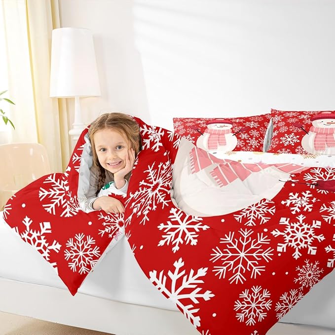 Feelyou Christmas Comforter Set All Season Snowman Red Bedding Set with 1 Pillow Cases Xmas Snowflakes Microfiber Kids Toddler Bedclothes Winter Snow Bedroom Decor Duvet Quilt Breathable Soft