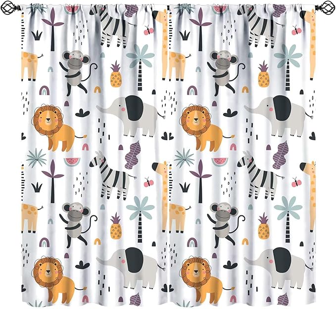 Cute Cartoon Animals Curtains Tropical Jungle Animals Elephant Giraffe Monkey Lion Modern Abstract Aesthetics for Kids Boys Bedroom Nursery Rod Pocket Decoration Window Drapes 2 Panels W31.5xL72in