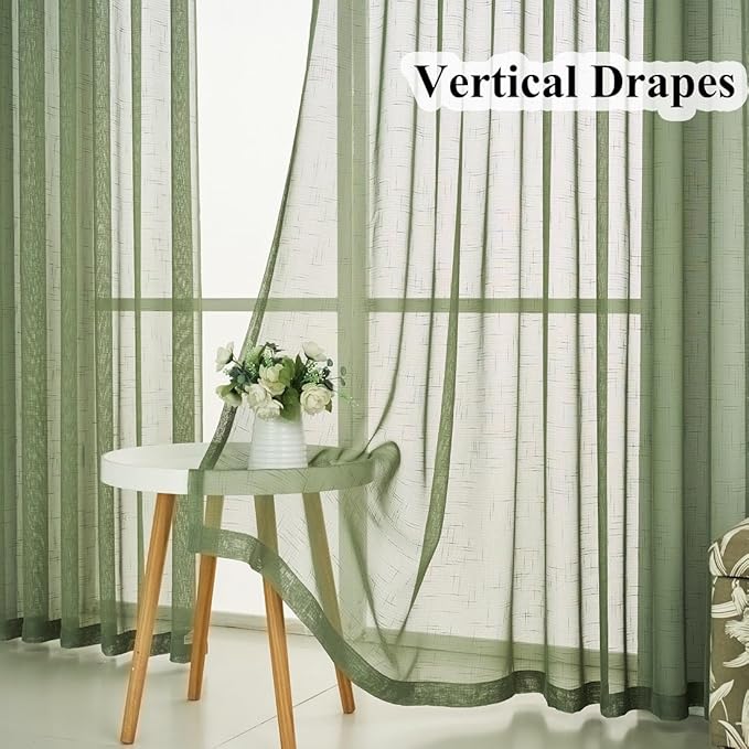Sage Green Linen Look Sheer Curtains 102 Inches Long 2 Panels, Rustic Textured Light Filtering Drapes, Elegant Window Decor, Floor to Ceiling Pinch Pleat Curtain with Hooks