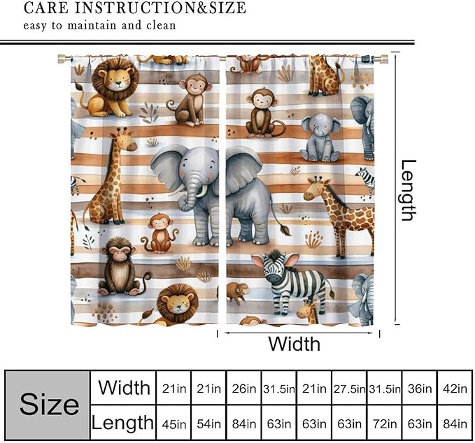 Kids Animal Curtains Elephants Giraffes Monkeys Lions Zebras Window Treatment for Kids Boys Girls Nursery Baby Bedroom Playroom Home Decor Window Drapes 63" W X 63" L