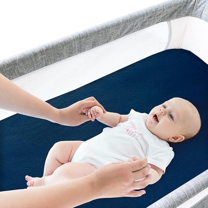 Bassinet Sheets Fit for Halo Bassinest Swivel/Flex/Glide Sleeper and 4moms mamaRoo Sleep Bassinet,100% Cotton, 2 Pack, Ultra Soft Bassinet Sheet, Gray and Navy Blue