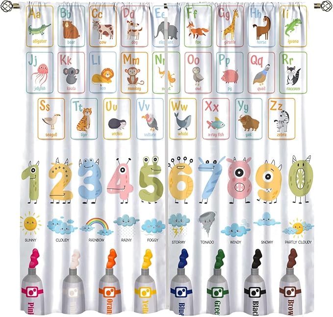 Alphabet Learning Curtain for Kids, Colorful Cartoon Animal Multiplication Table Educational, Classroom Child Printed Rod Pocket Blackout Window Drapes for Bedroom Living Room 52" W X 84" L
