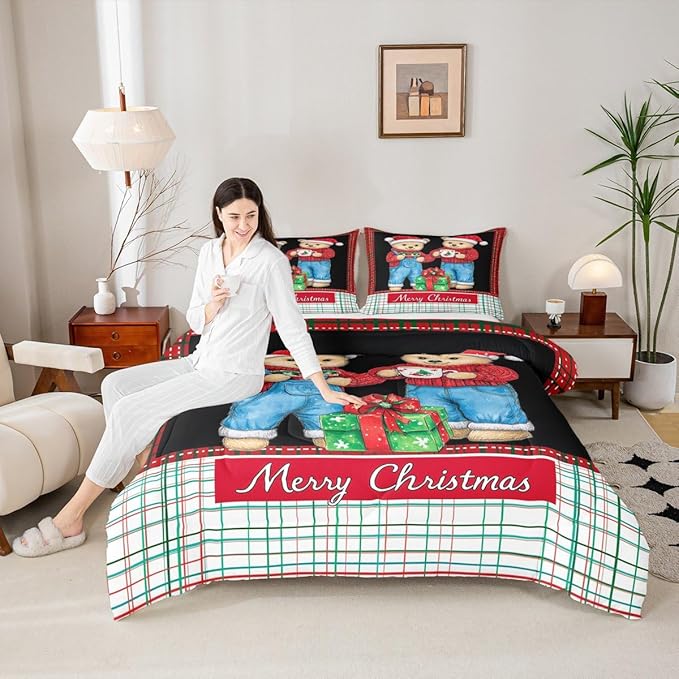 Feelyou Merry Christmas Bedding Set Soft for Boys Girls, Cute Bear Comforter Set Full Size Duvet Quilt Microfiber Winter Bedroom Decor 3 Pcs with 2 Pillow Cases