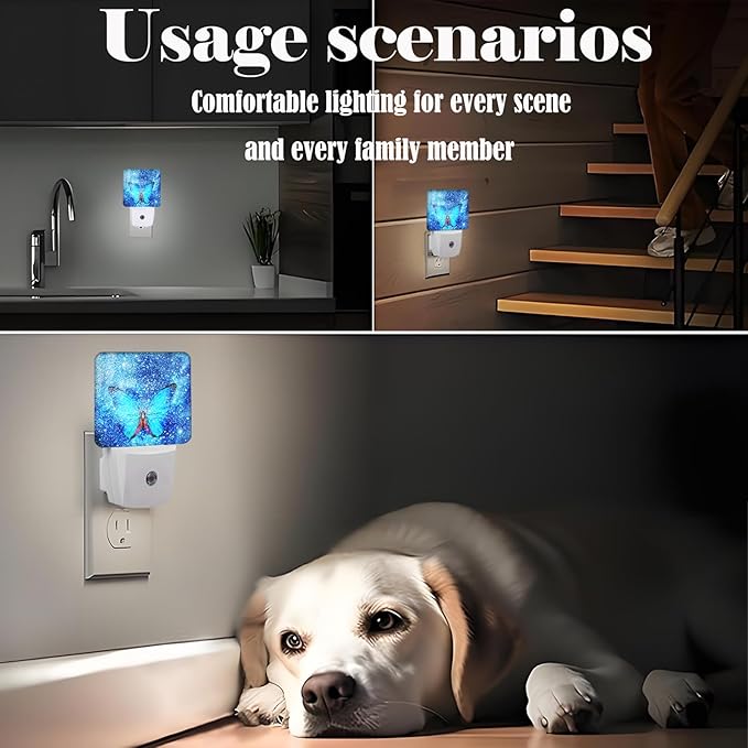 Stars Shining and Blue Butterflies Night Light,Plug-in Night Lights with Dusk-to-Dawn Sensor for Stairway,Hallway,Bedroom Sleep Friendly Ideal for Women/Girls/Boys Gift,0.5w