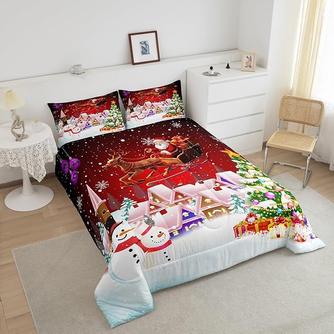 Manfei Christmas Comforter Set Queen Size, Snowman Xmas Tree Bedding Set 3pcs for Kids Boys Girls Room Decor, Santa Claus with Reindeer Quilt Set New Year Theme Duvet Set with 2 Pillowcases