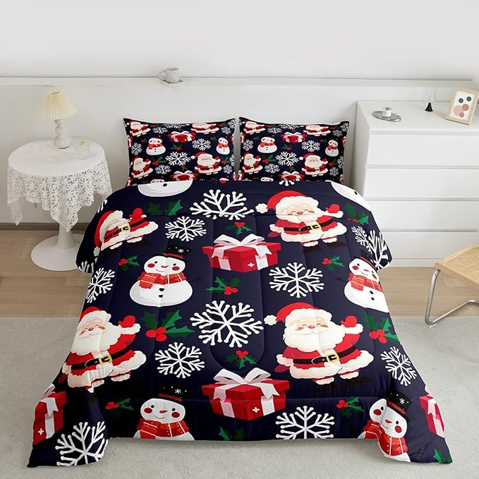 jejeloiu Merry Christmas Comforter Set Toddler Size Xmas Santa Claus Bedding Set for Kids Boys Girls Cute Snowman Duvet Quilt Dark Blue Bedroom Decor